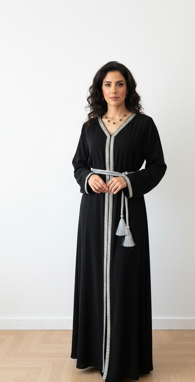 ABAYA MODERNA AVEC STRASS ET CEINTURE - NOIRE