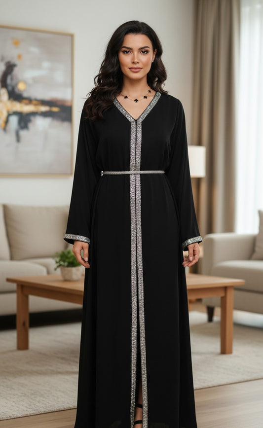 ABAYA MODERNA AVEC STRASS ET CEINTURE - NOIRE